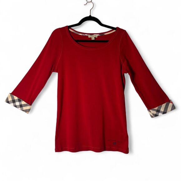 Burberry Tops - Burberry Brit y2K Preppy Red 3/4 Sleeve Tee Nova Check Cuff 100% Cotton sz XL